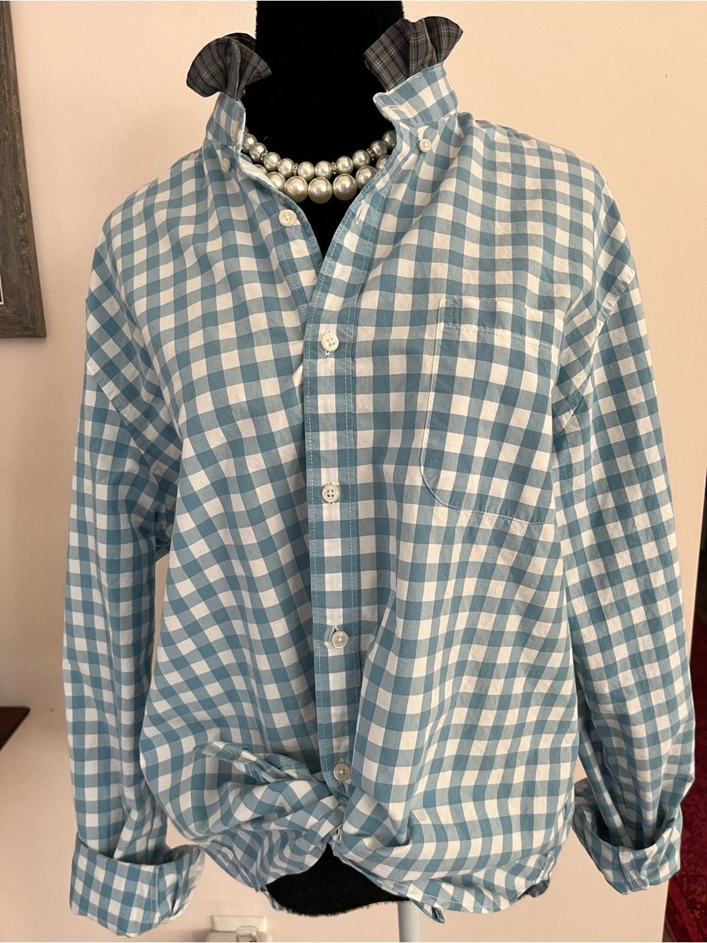 Refashioned J. Crew Lt. Blue and White Gingham Button-Down Ruffle Collar